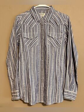 Ariat Real Billie Jean Long Sleeve Pearl Snap Blue White Flannel Shirt Women Med
